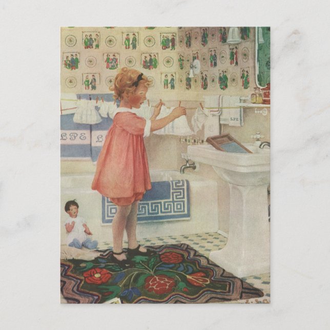 Vintages Mädchen, Kinderwäscherei Hängekleidung Postkarte (Vorderseite)