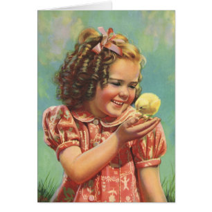 Vintages Mädchen mit Baby Chick, glückliches Kind 