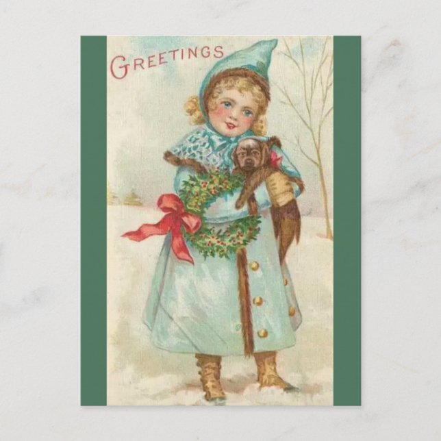 Vintages Mädchen mit Hundeweihnacht Postkarte (Vorderseite)