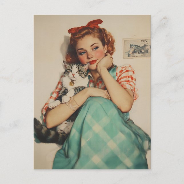 Vintages Mädchen mit Katze Postkarte (Vorderseite)