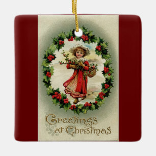 Vintages Mädchen mit Korb Keramik Ornament