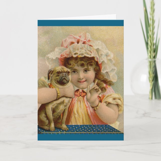 Vintages Mädchen mit Mops-Grußkarte Karte (Vorderseite)