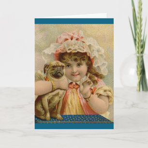Vintages Mädchen mit Mops-Grußkarte Karte
