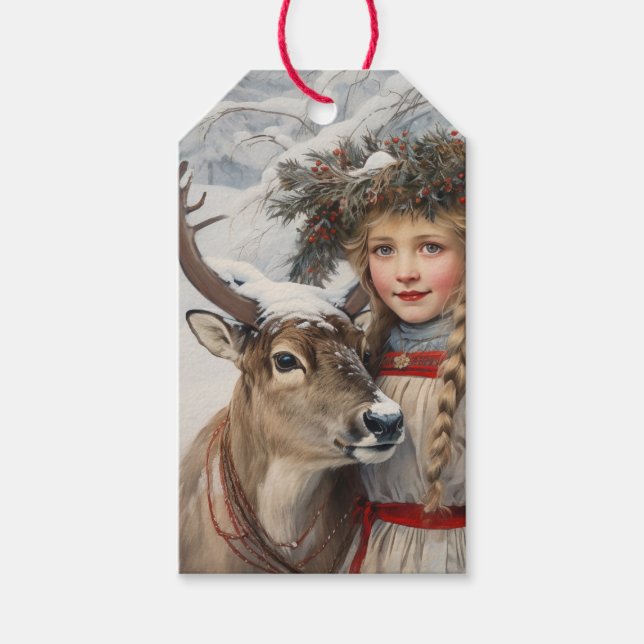Vintages Mädchen mit Rentier Geschenkanhänger (Vorderseite)
