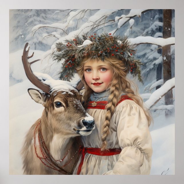 Vintages Mädchen mit Rentier Poster (Vorne)