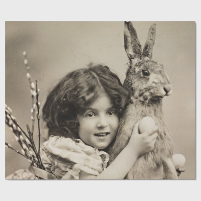 Vintages Mädchen mit Riesenhase Geschenkpapier (Flach)