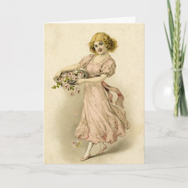 Vintages Mädchen mit Rose Karte (Vorderseite)