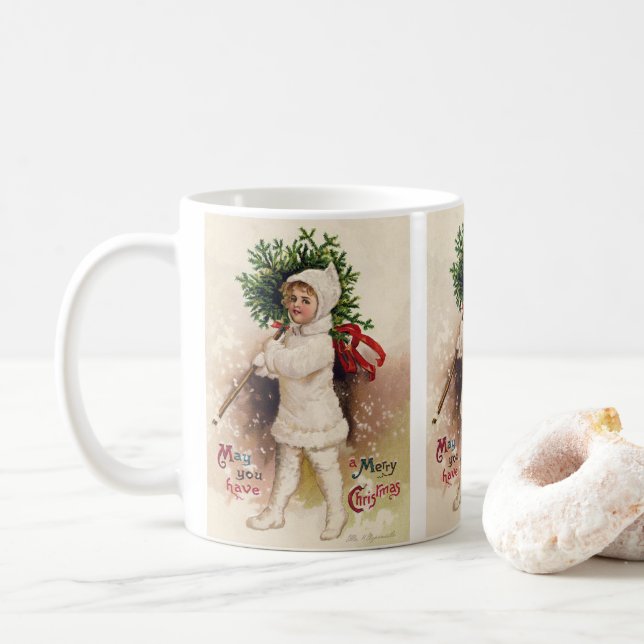 Vintages Mädchen mit Weihnachtsbaum, Ellen Clapsad Kaffeetasse (Mit Donut)