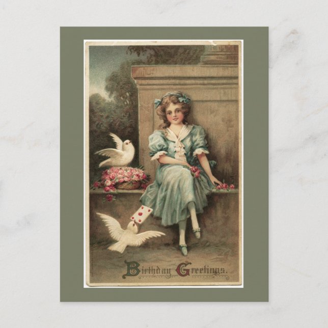 Vintages Mädchen und Doves Geburtstag Grußkarte Postkarte (Vorderseite)