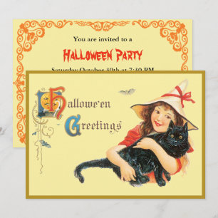 Vintages Mädchen und ihr KatzenHalloween Einladung