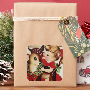 Vintages Mädchen und Rentiere Weihnachtsaufkleber Quadratischer Aufkleber