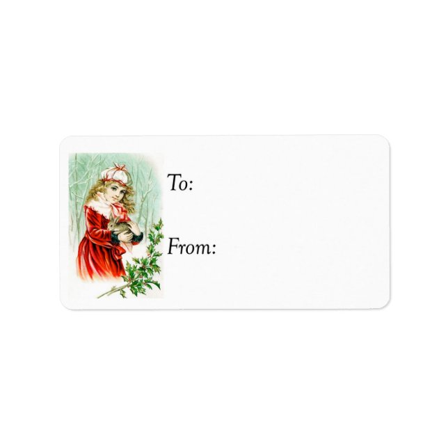 Vintages Mädchen und Weihnachts-Rabbit-Geschenk-Ta Adressaufkleber (Vorne)