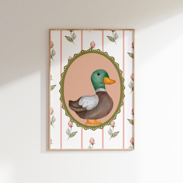 Vintages Mallard Duck Kinderzimmer Kunst, Dichtung Poster (Framed vintage-style mallard duck print on a floral and pink striped background.)