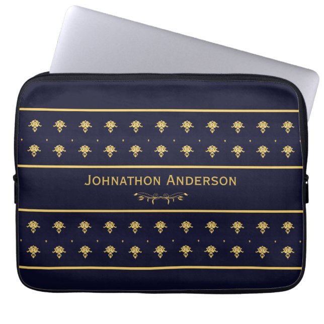 Vintages Marine-Blau und Goldbuch mit Namen Laptopschutzhülle (Vorderseite)