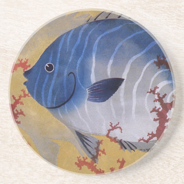 Vintages Meeresleben Tropischer Blauer Fischkorb Sandstein Untersetzer (Vorne)
