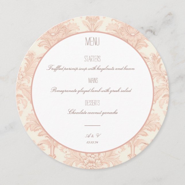 Vintages Menü "Damask Wedding Menu" Menükarte (Vorderseite)