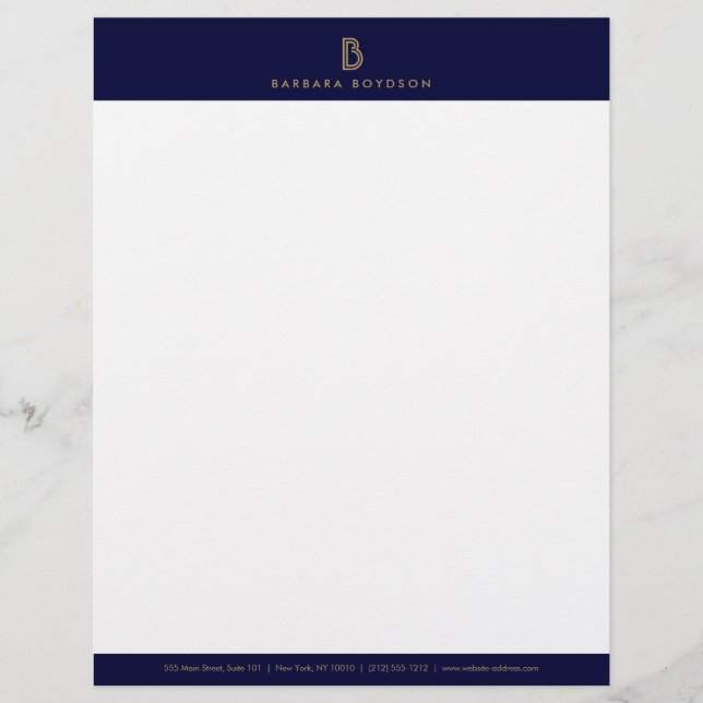 VINTAGES MODERNES GOLD- UND NAVATIONALMONOGRAMM-LO BRIEFKOPF (Vorderseite)