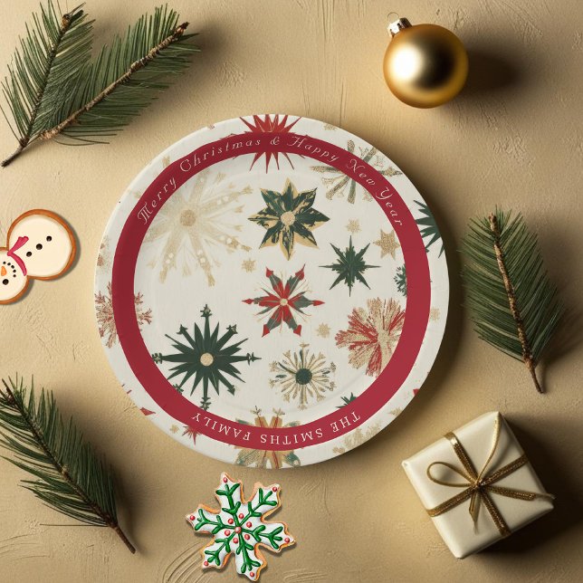 Vintages, modernes Gold- und Rosschneeflocken-Must Pappteller (Vintage Modern Gold and Red Snowflakes pattern Paper Plates)