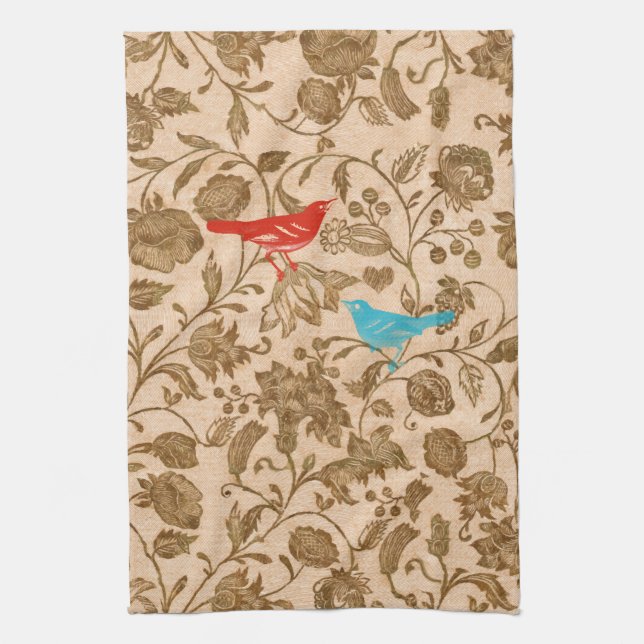 Vintages modernes Rotes Meer Lounge Vögel Blumenmu Geschirrtuch (Vertikal)