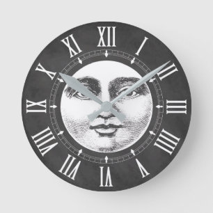 Vintages Mond-Gesicht im Kreide-Weiß Runde Wanduhr