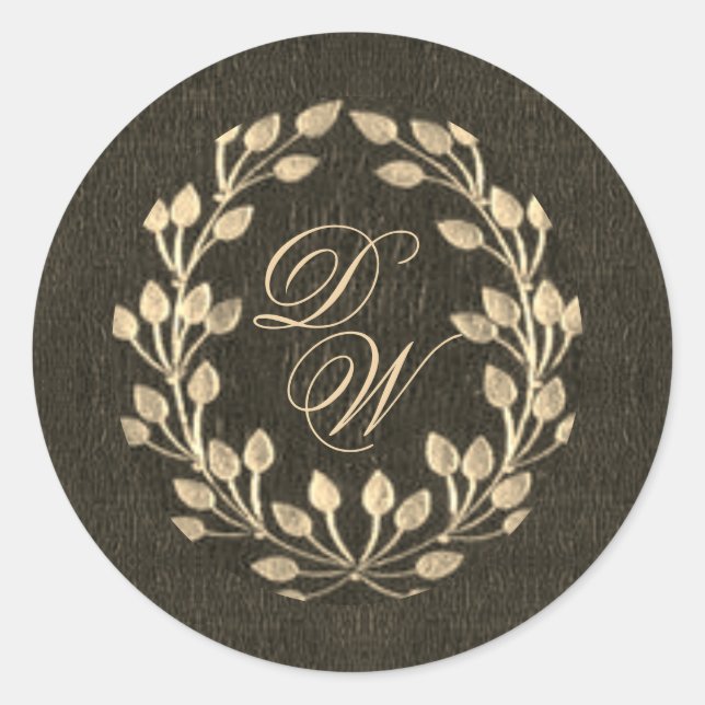 Vintages Monogram Black Gold Wreath Eleganzcript Runder Aufkleber (Vorderseite)