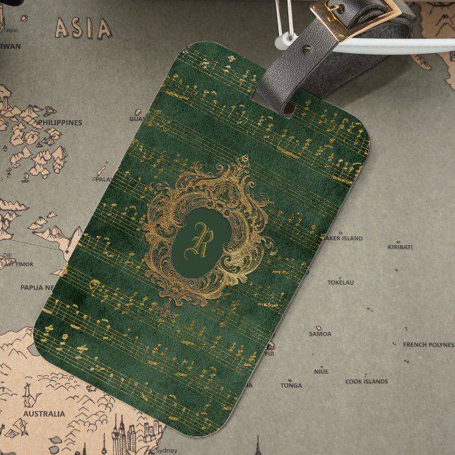 Vintages Monogram Wappen Music Manuskript Green Go Gepäckanhänger (Von Creator hochgeladen)