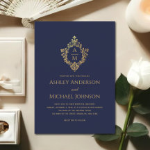 Vintages Monogram Wappen Navy Blue Imitats GoldWed