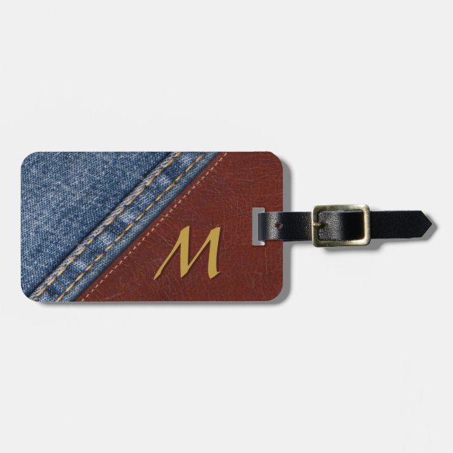 Vintages Monogramm-Denim und Leder Gepäckanhänger (Vorderseite horizontal)