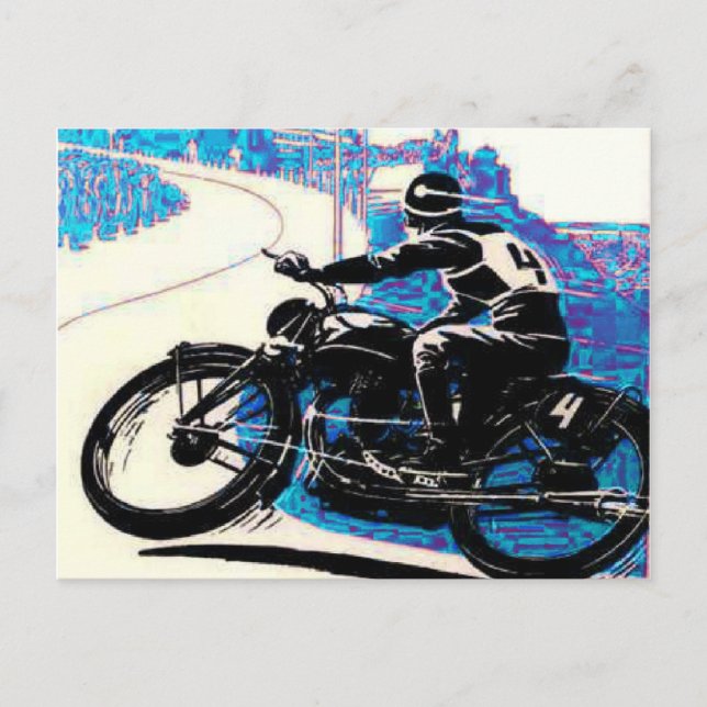 Vintages Motorradrennen - Blaue Landschaft Postkarte (Vorderseite)