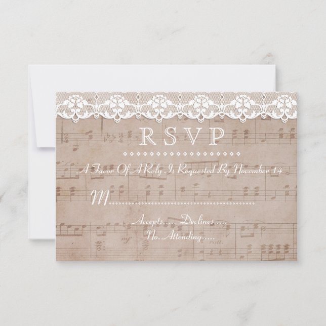 Vintages Musikblatt und Hochzeitsszenario RSVP Cus (Vorderseite)