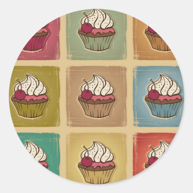 Vintages Muster aus Cupcakes Runder Aufkleber (Vorderseite)
