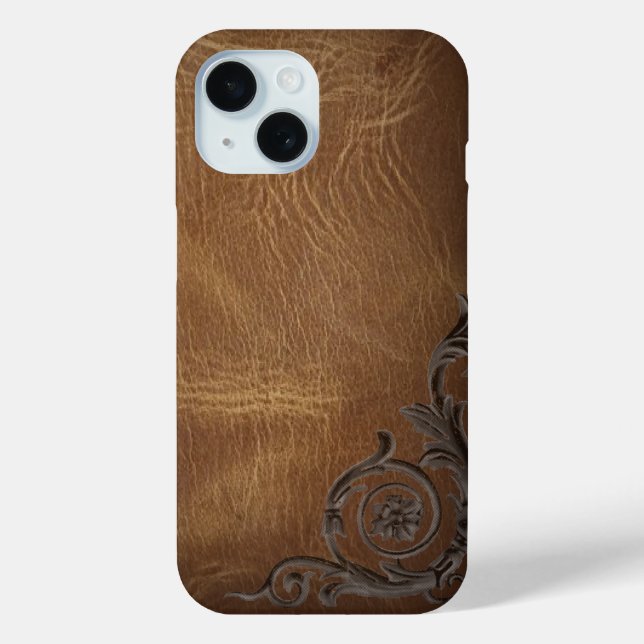 Vintages Muster, braun Western Leder iPhone 15 Hülle (Rückseite)