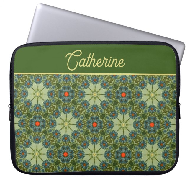 Vintages Muster in Grün mit Blumen Laptopschutzhülle (Vorderseite)