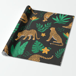 Vintages Muster mit Leoparden und tropischen Blät Geschenkpapier