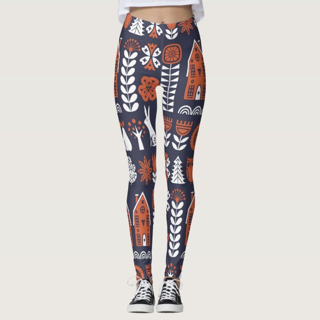 Vintages Muster skandinavischer Folklore Leggings (Vorderseite)