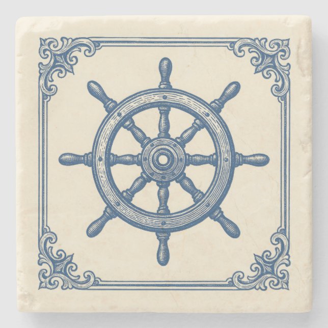 Vintages Nautical Blue Captains Wheel Steinuntersetzer (Vorderseite)