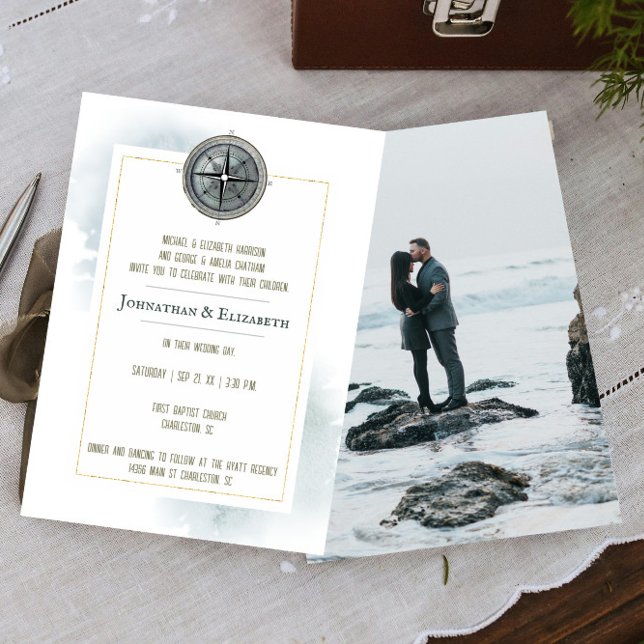 Vintages Nautical Compass Foto Hochzeit Einladung (Vintage Nautical Compass Photo Wedding Invitation)