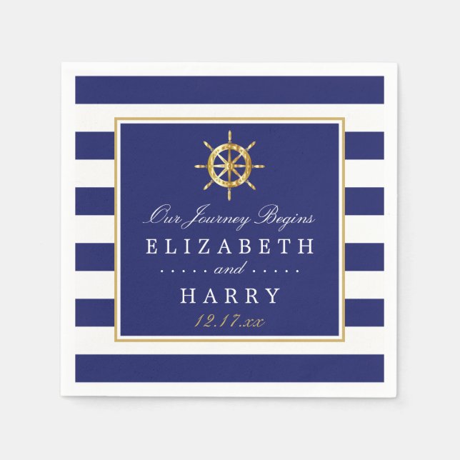 Vintages Nautical Gold Wheel, Navy & Gold Wedding Serviette (Vorderseite)
