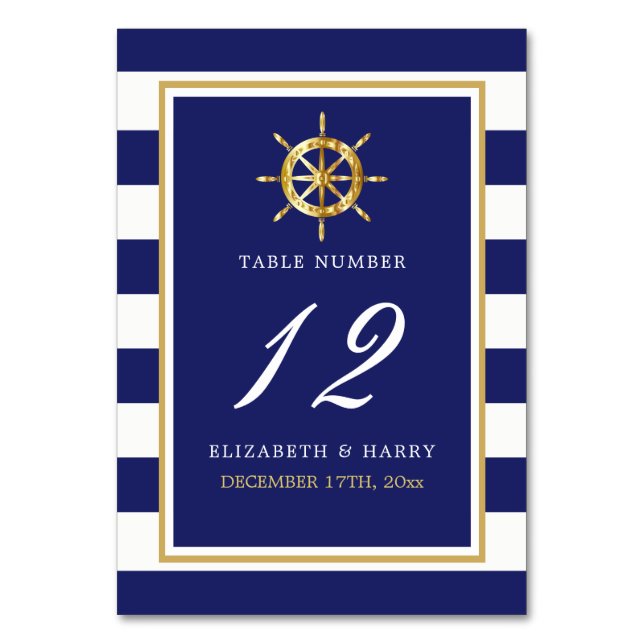 Vintages Nautical Gold Wheel, Navy & Gold Wedding Tischnummer (Vorderseite)