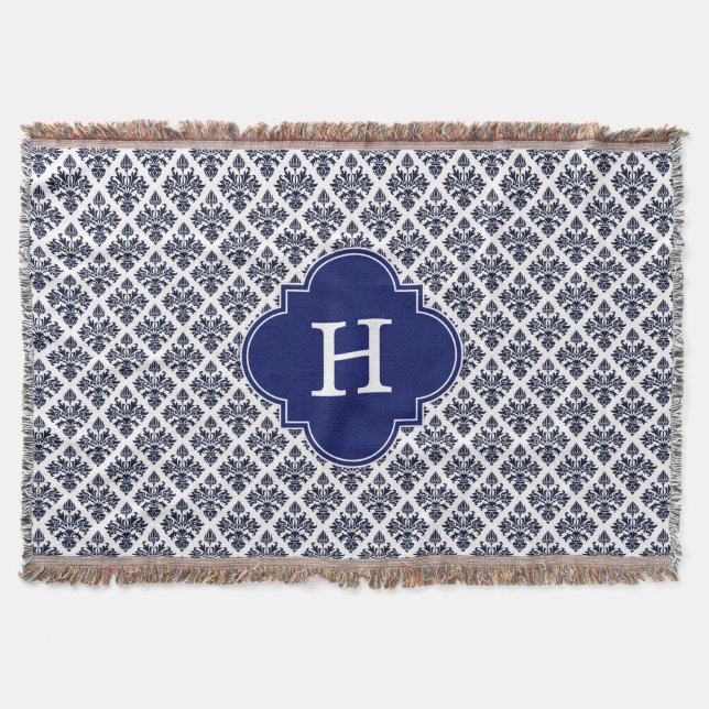 Vintages Navy Blue Damask #3 Navy Monogram Decke (Vorderseite)