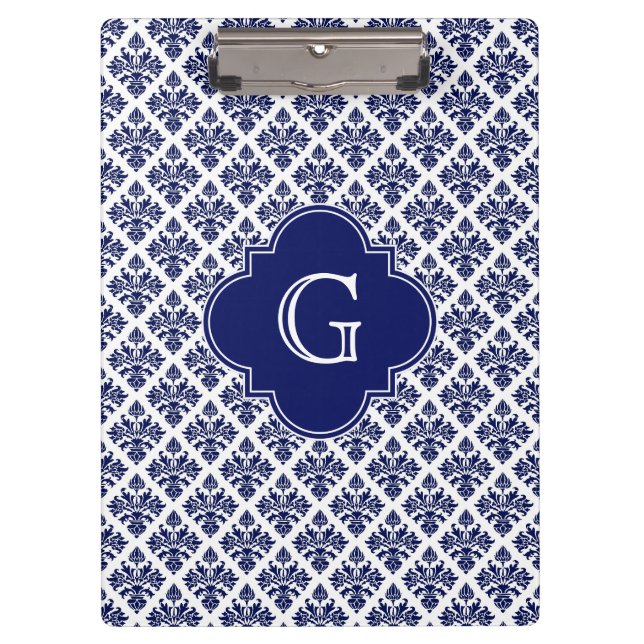 Vintages Navy Blue Damask #3 Navy Monogram Klemmbrett (Vorderseite)