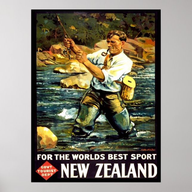 Vintages Neuseeländisches Sportfischen Poster (Vorne)