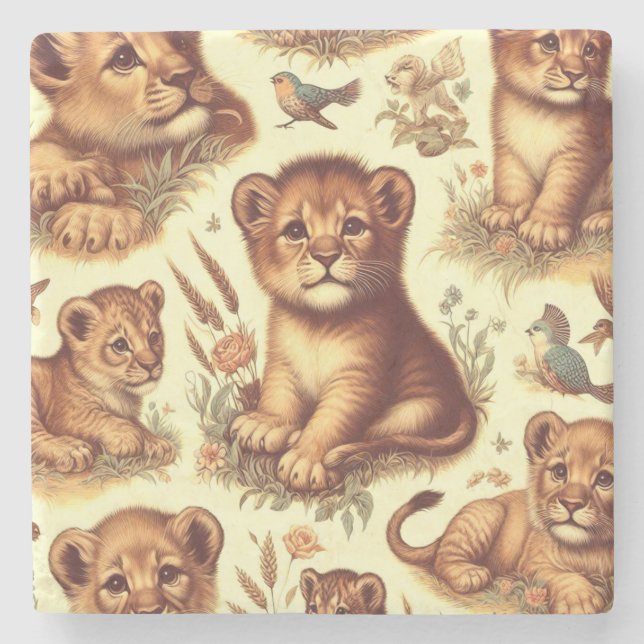 Vintages Niedliches Baby Lion Pattern Steinuntersetzer (Vorderseite)