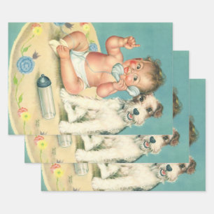 Vintages Niedliches Baby-Talk am Telefon Welpenhun Geschenkpapier Set