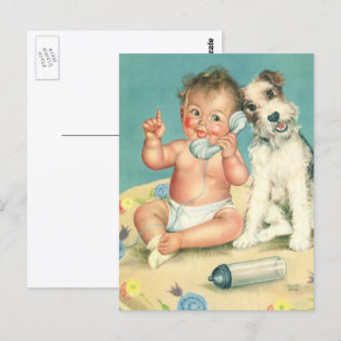 Vintages Niedliches Baby-Talk am Telefon Welpenhun Postkarte