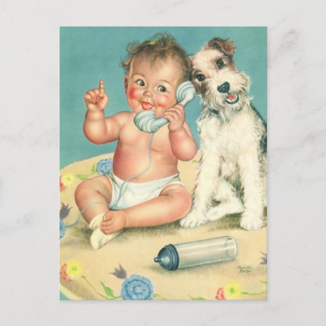 Vintages Niedliches Baby-Talk am Telefon Welpenhun Postkarte (Vorderseite)
