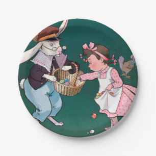 Vintages Niedliches Girl Bunny Rabbit Ostereier Pappteller