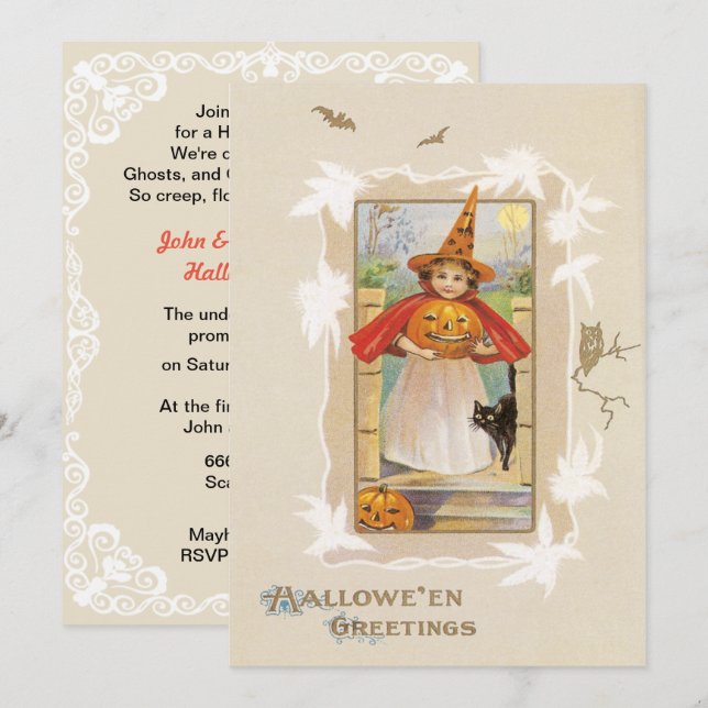 Vintages Niedliches HexenHalloween Einladung (Vorne/Hinten)