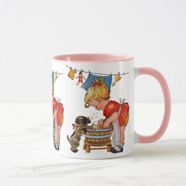 Vintages Niedliches Mädchen mit Hund: Nostalgisch Tasse (Rechts)