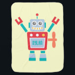 Vintages Niedliches Roboterspielzeug für Kleinkind Babydecke<br><div class="desc">Ein Cartoon-Design eines fröhlichen und niedlichen roten und blauen Roboterspielzeugs, das auf dem Rücken eine Schlüssellinie und auf seinem Bauch eine Leinwand hat. Personalisieren Sie Ihre Daten mit dem Namen des Kindes. Vintage Farbtafel rot, blau, orange und gelb. Als Geschenk für Neugeborene, Baby Jungs und Kleinkinder für Baby Duschen und...</div>